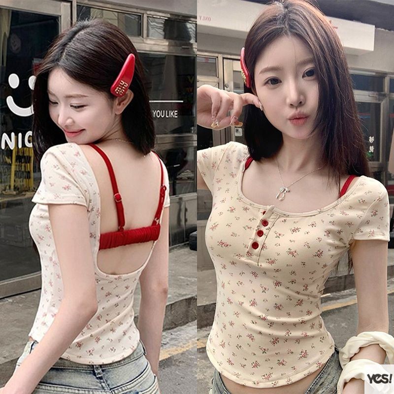 เสื้อยืดแขนสั้นสองชิ้นปลอมผู้หญิงออกแบบ Sense Niche เสื้อยืดสาวเผ็ดเปลือยด้านบน YES