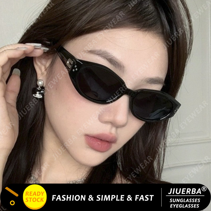 ( Jiuerba🌹 Rice Studded Cat Eye แว ่ นกันแดดสําหรับผู ้ หญิง Classic Black Frame Sun Shading แว ่ นกันแดด