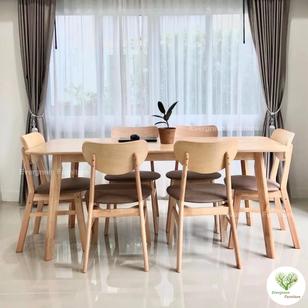 Evergreen Furniture โต๊ะทานข้าว ชุดโต๊ะรับประทานอาหาร 6 ท่าน (เก้าอี้ 6) ขนาด 150 ซม