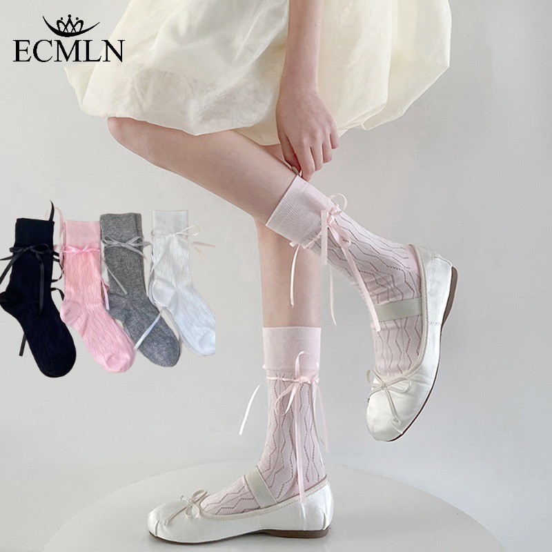 Ecmln บัลเล่ต์สไตล์ลูกไม้โบว์กลางหลอดถุงเท้ากอง JK ลูกไม้ลูกวัวถุงเท้า Lolita ถุงเท้า