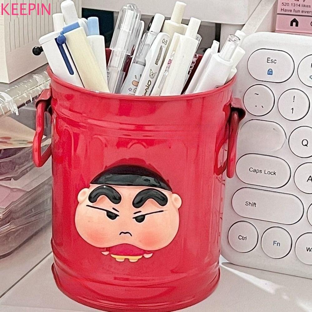 Keepin Crayon Shin Chan Pencil Holder, Crayon Shin-Chan Metal Pen Organizer, Creative Large-capacity with Stickers Multifunctional Stationery Container Student
