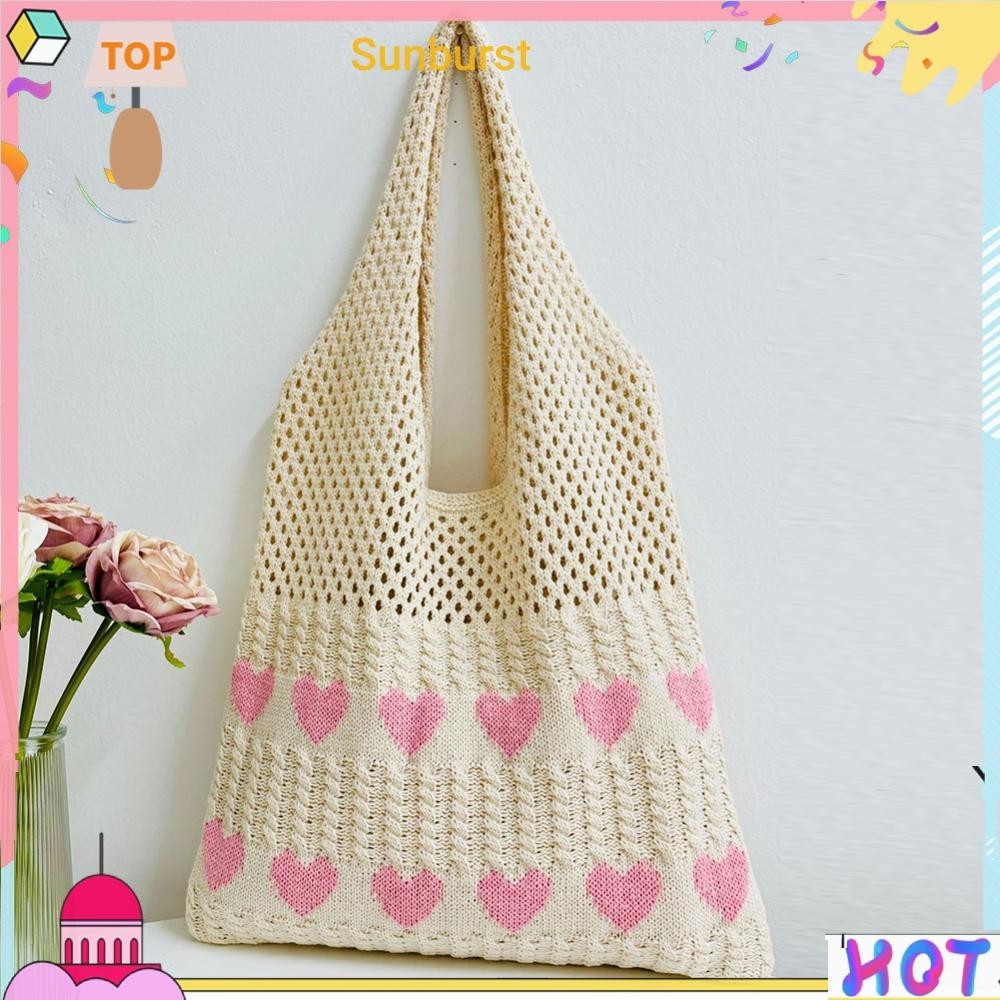 ผู้หญิงโครเชต์กระเป๋าถือ Tote Heart Pattern Hollow Out กระเป๋าถักกระเป๋าวันหยุดหญิง [Sunburst11.th]