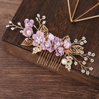 Handmade ดอกไม้ Hairpin Headdress ด้านข้างหวีผู้หญิง Golden Leaf รูปงานแต่งงาน Headpiece