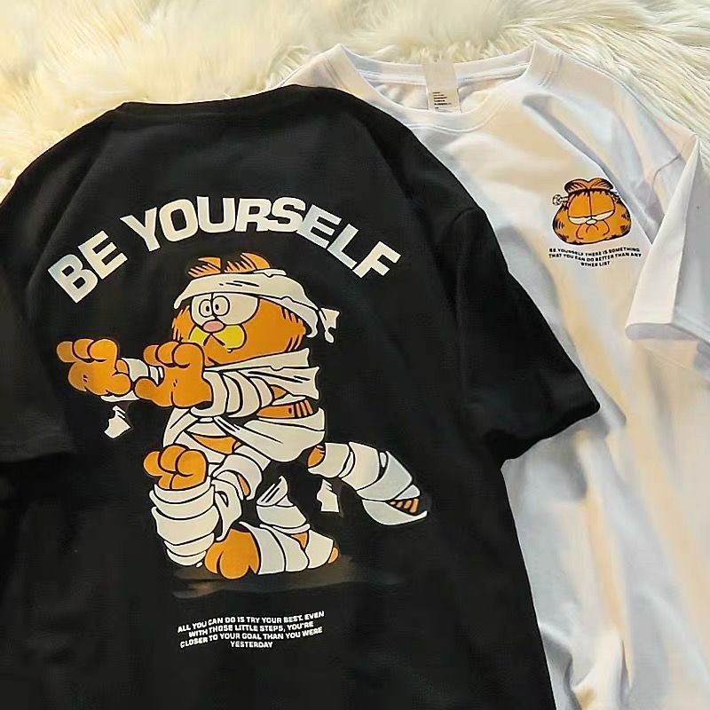 [พร้อมส่ง]Summer American fashion brand Garfield cartoon pri หนาๆ y2k S-5XL สีขาว ใส่เดินทาง หลวม