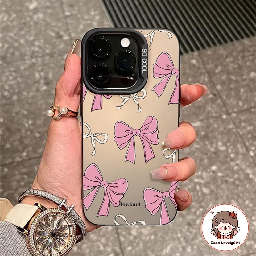 ส่งจากไทย สาวน่ารักสีชมพูโบว์ เคส IPhone 14 15 11 13 Pro Max XR พสัส13 12 Pro 7 8 Plus SE X Xs Max Hard Case