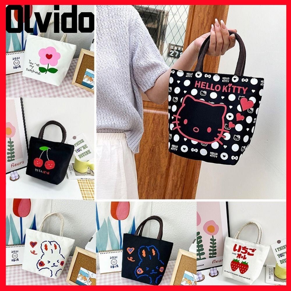 กระเป๋าโท้ทผ้าแคนวาส OLVIDO,ผ้าใบเชอร์รี่มินิกระเป๋าถือ,การ์ตูนแบบพกพาความจุขนาดใหญ่คิตตี้แมวถุงอาหารกลางวันปิกนิก