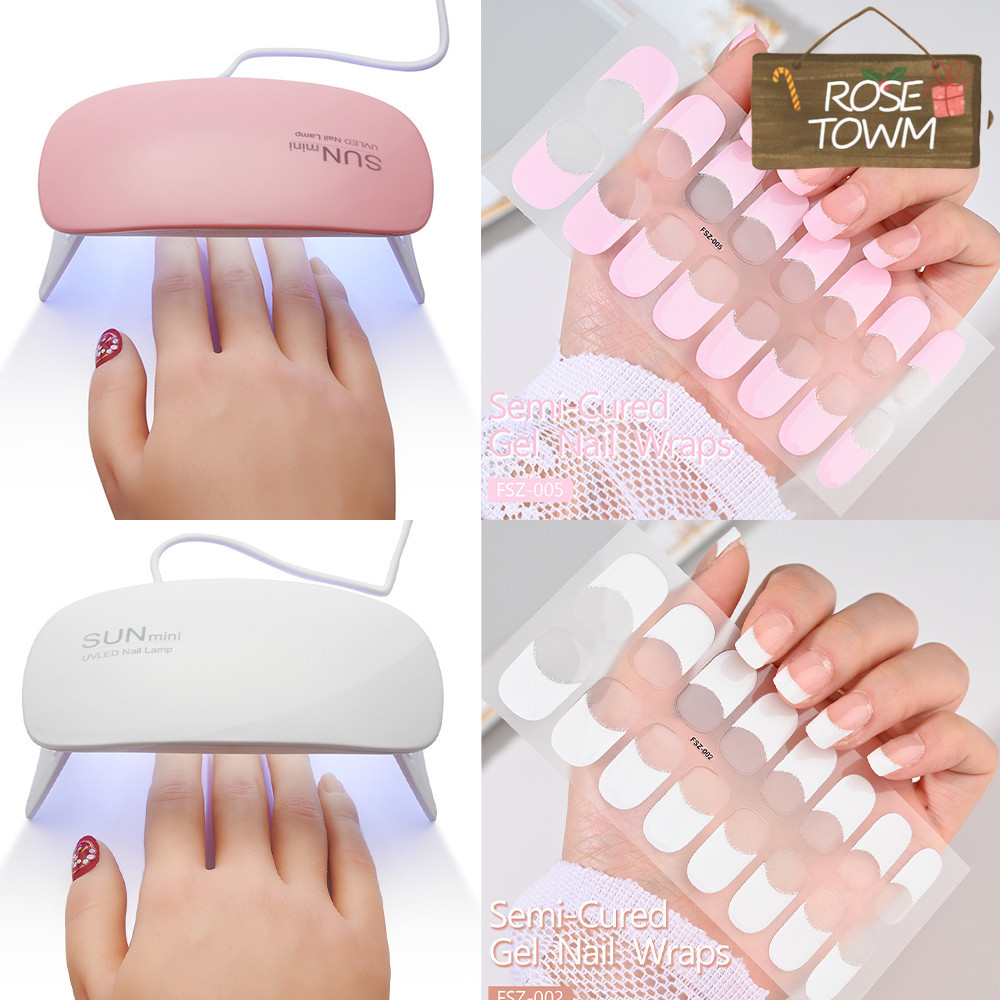 16strips French UV Semi-Cured Gel Nail Wraps Baking Nail Sticker Full Cover Long Lasting LED Lamp Gel Cured Slider Decals สําหรับต่อเล็บ (ฟรีเครื่องมือ)