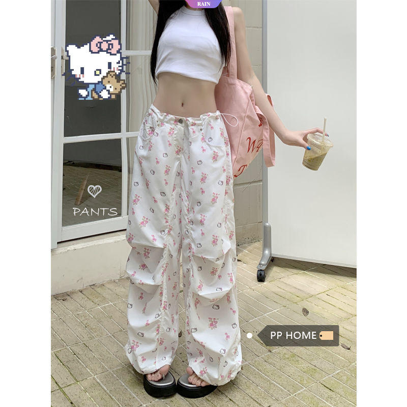 SANRIO ฤดูร้อนใหม่เกาหลีรุ่น ซานริโอ สวัสดี คิตตี้ ดอกไม้กางเกงทํางานหญิงเอวต่ํา เชือกรูด ขากว้างกางเกงลําลอง [รถไฟ]