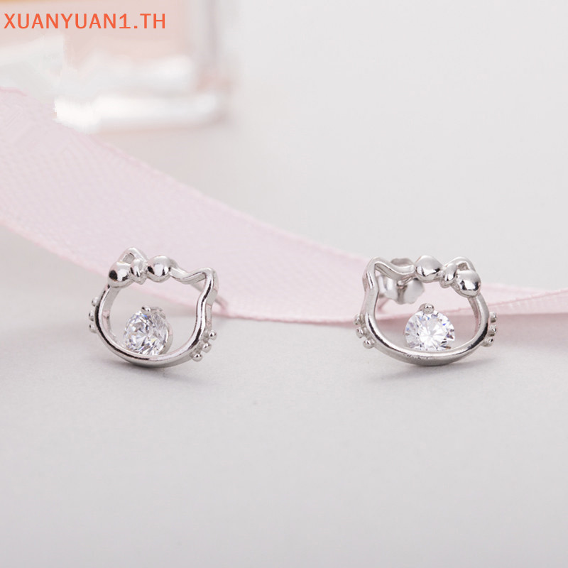 Xuan 1 คู่ Sanrio การ์ตูนน่ารัก Hello Kitty Shiny Zircon ต่างหู Hollow Cat Head Stud ต่างหู Ins หวานประณีตเครื่องประดับหู TH