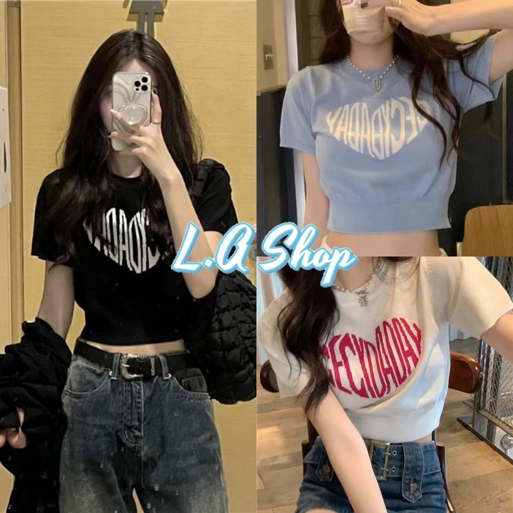 L.A Shop ​ซื้อสองชิ้นในราคาลดล้างสต็อก พร้อมส่ง เสื้อครอผไหมพรม คอกลม แขนสั้น ปักตัวอักษรตัวใจน่ารักมาก "66050"+"66050"