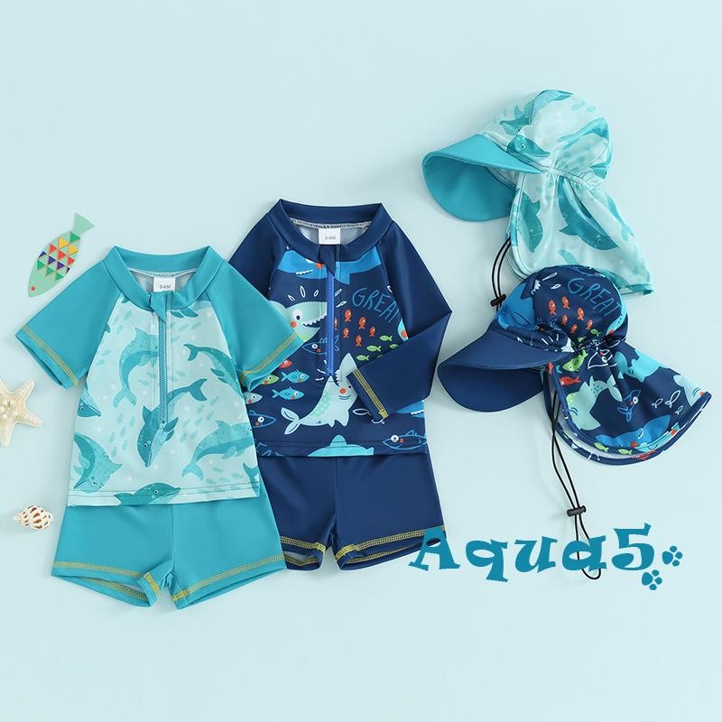 Aqq-เด็กทารกrash Guardชุดแขนสั้นShark Dolphinพิมพ์ด้านบนพร้อมกางเกงขาสั้นหมวกชุดว่ายน้ําชุดว่ายน้ําฤดูร้อน