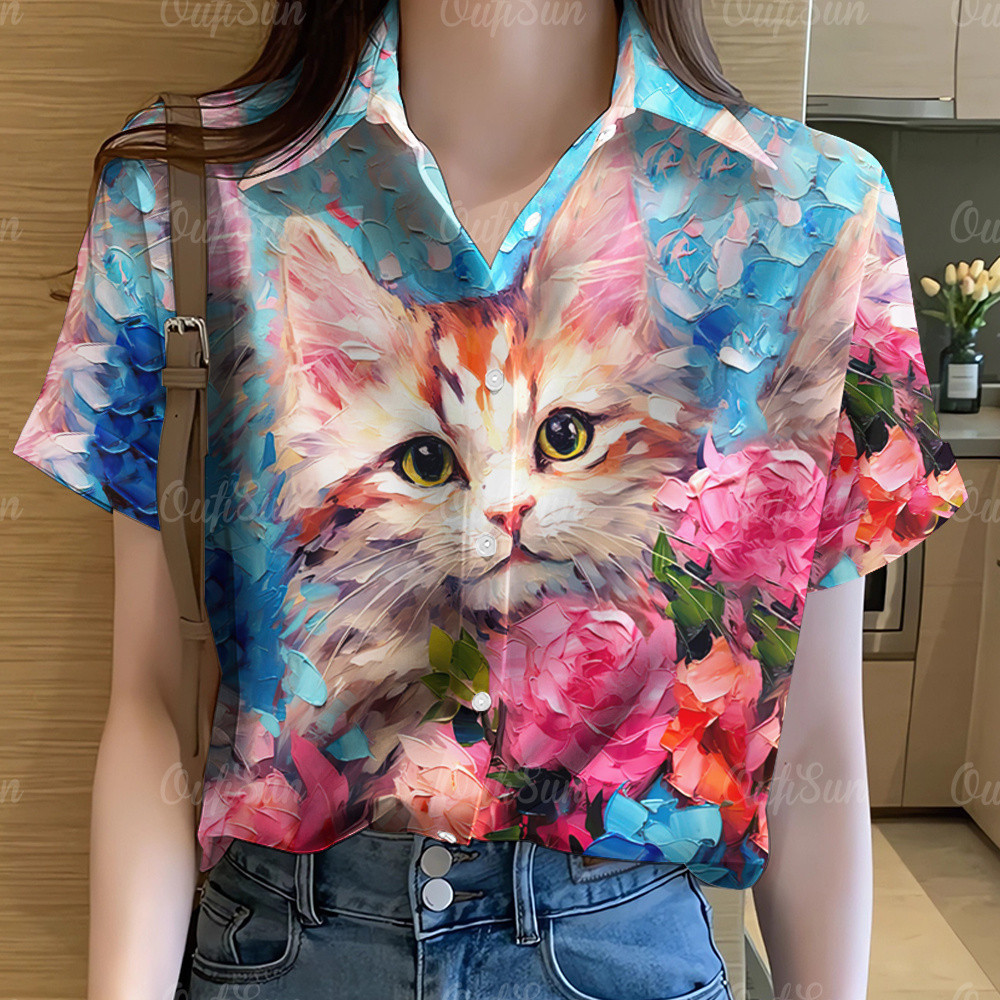 2025 ฤดูร้อน แฟชั่น สวย แมว ดอกไม้ แขนสั้น เสื้อฮาวาย สําหรับผู้หญิง