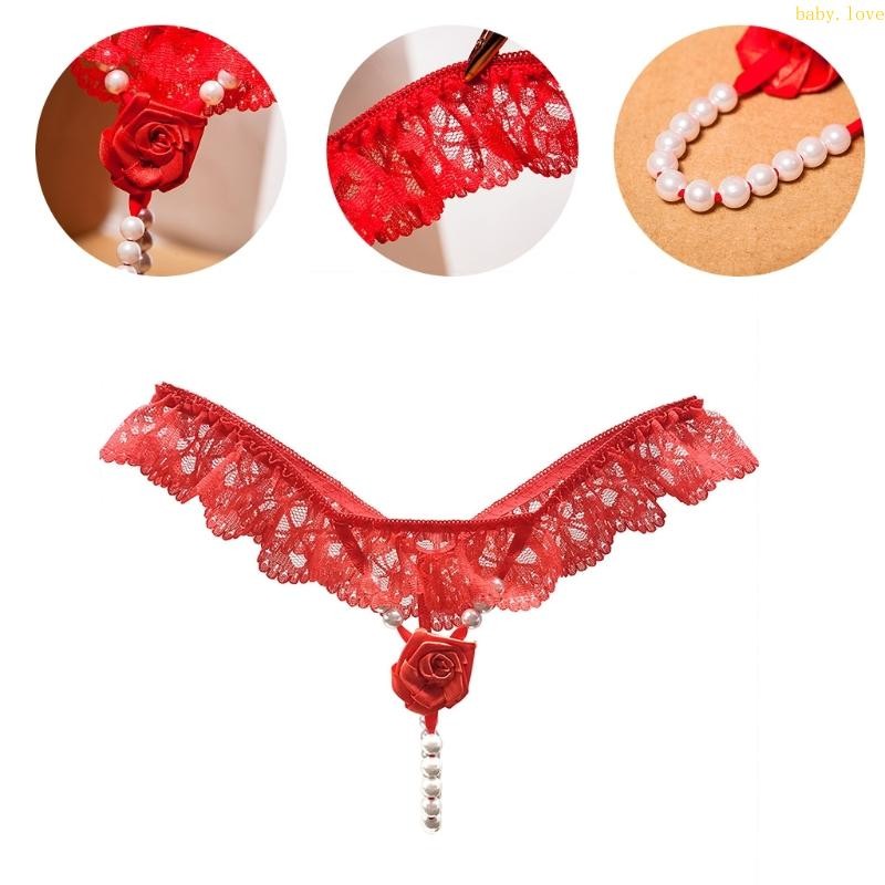 Blove * ผู้หญิง G String Rose ดอกไม้ลูกไม้เพิร์ลลูกปัดทองชุดชั้นใน G String ต่ําเอว Thongs กางเกงกาง