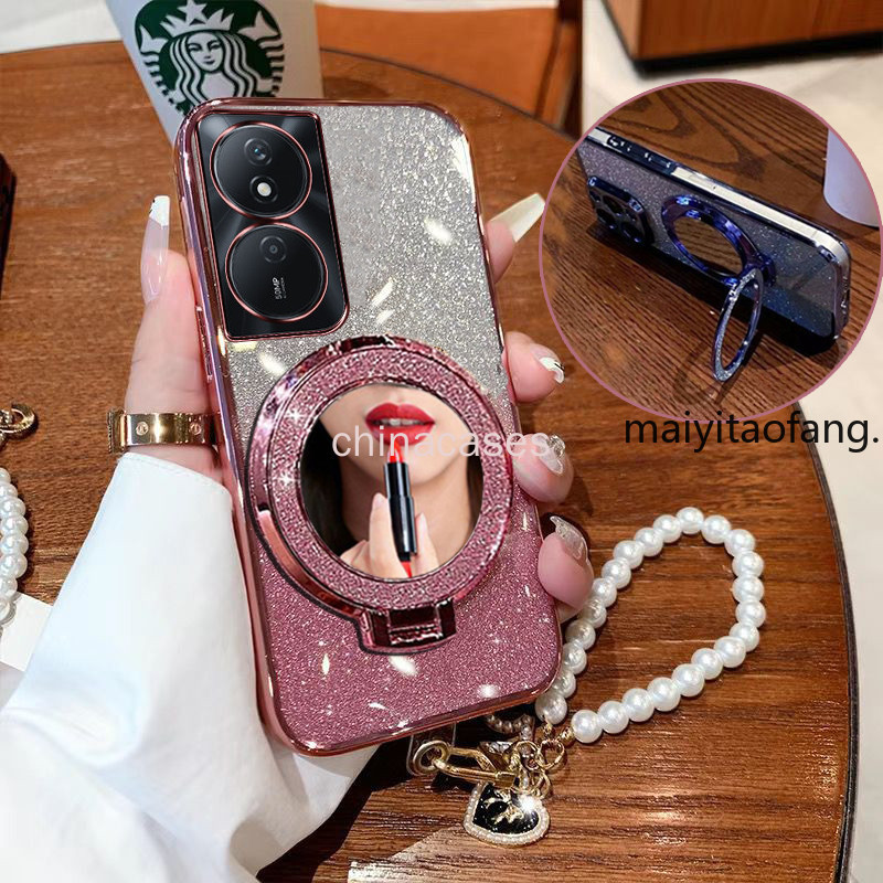 สําหรับ Honor X7B X8 5G X6 4G Huawei NOVA9Z หรูหราวงเล็บแม่เหล็ก TPU แฟลชนุ่มกระจกแต่งหน้า + สร้อยข้