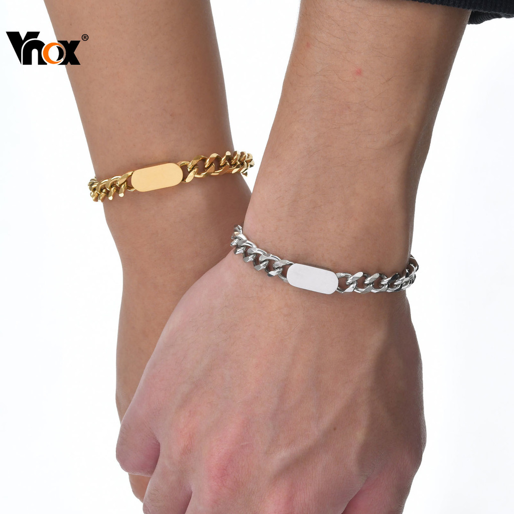 VNOX วีน็อกซ์ สร้อยข้อมือที่กําหนดเองพร้อมชื่อสร้อยข้อมือแกะสลักคิวบาสําหรับผู้ชายผู้หญิง,สร้อยข้อมือสแตนเลสไม่จางหายอุป