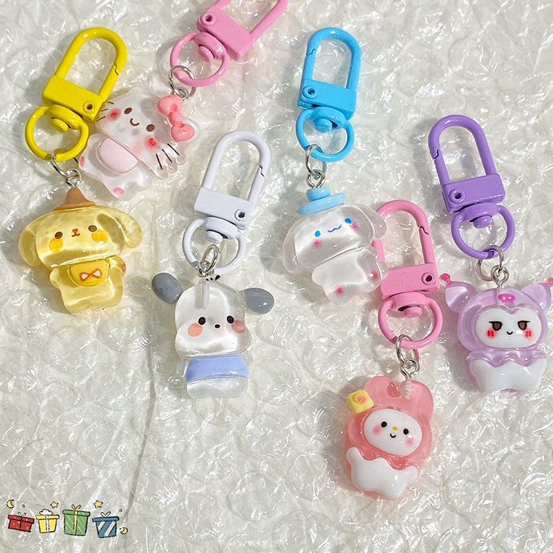 Sanrio Anime Hello Kitty โปร่งใส Fine กระพริบพวงกุญแจการ์ตูนอบเชยสุนัข Kuromi Melody กระเป๋าจี้น่ารักอุปกรณ์เสริม