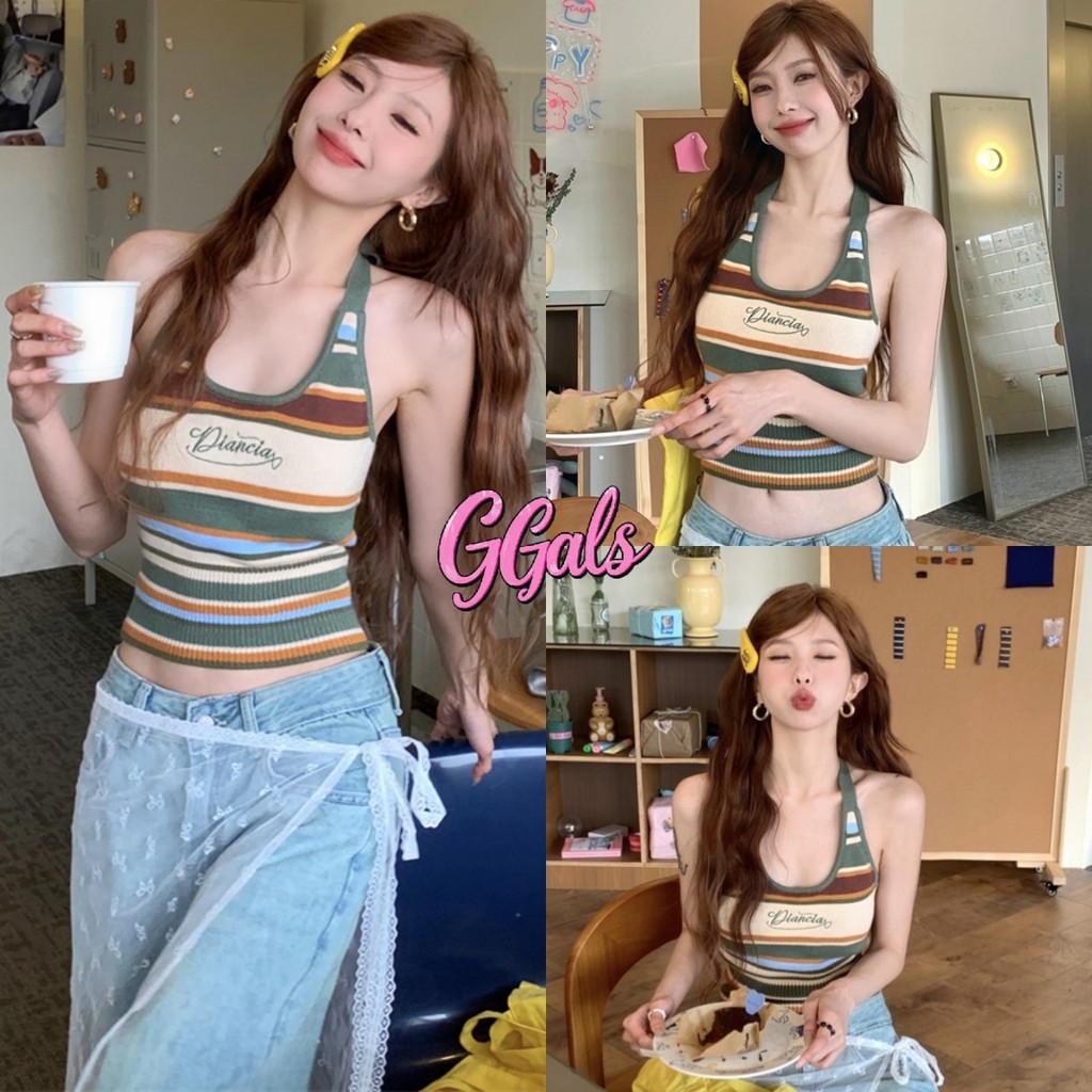 🌷GGals🌷สายเดี่ยว คล้องคอ ผ้าถัก สีเขียว เข้ารูป เสื้อแขนกุด สไตล์เกาหลี ทรงสวย แฟชั่นฤดูร้อน ใส่เที่ยว#19197