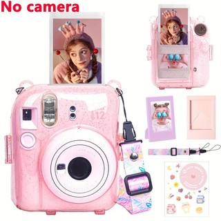 Camera Hard Case ชุดเคสป้องกันกล้อง instax Mini 12 11 พร้อมกระเป๋าใส่ฟิล์ม Instax Mini 12 11 คสใสคริสตอล+สาย+ สติ๊กเกอร์