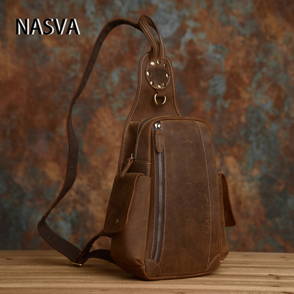 นาสวา หนังแท้กระเป๋าหน้าอกผู้ชายย้อนยุคกระเป๋า ผู้สื่อสาร สบายๆความจุขนาดใหญ่หลายช่องกระเป๋าสะพายหนังวัวชั้นหนึ่ง