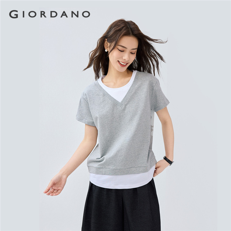 GIORDANO WOMEN 100% Cotton fake 2-piece short sleeve tee 05325454