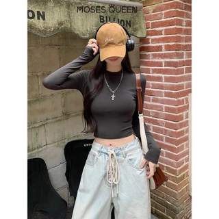 MOSESQUEEN เสื้อยืดสาวแขนยาวสั้น 2025 ฤดูร้อนผู้หญิงใหม่เปิดท้องเสื้อลําลองบริสุทธิ์#62241