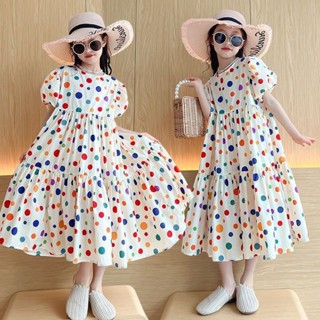 120-170 Girls สีสัน Polka Dot ชุดเจ้าหญิง Midi กระโปรงพัฟแขน