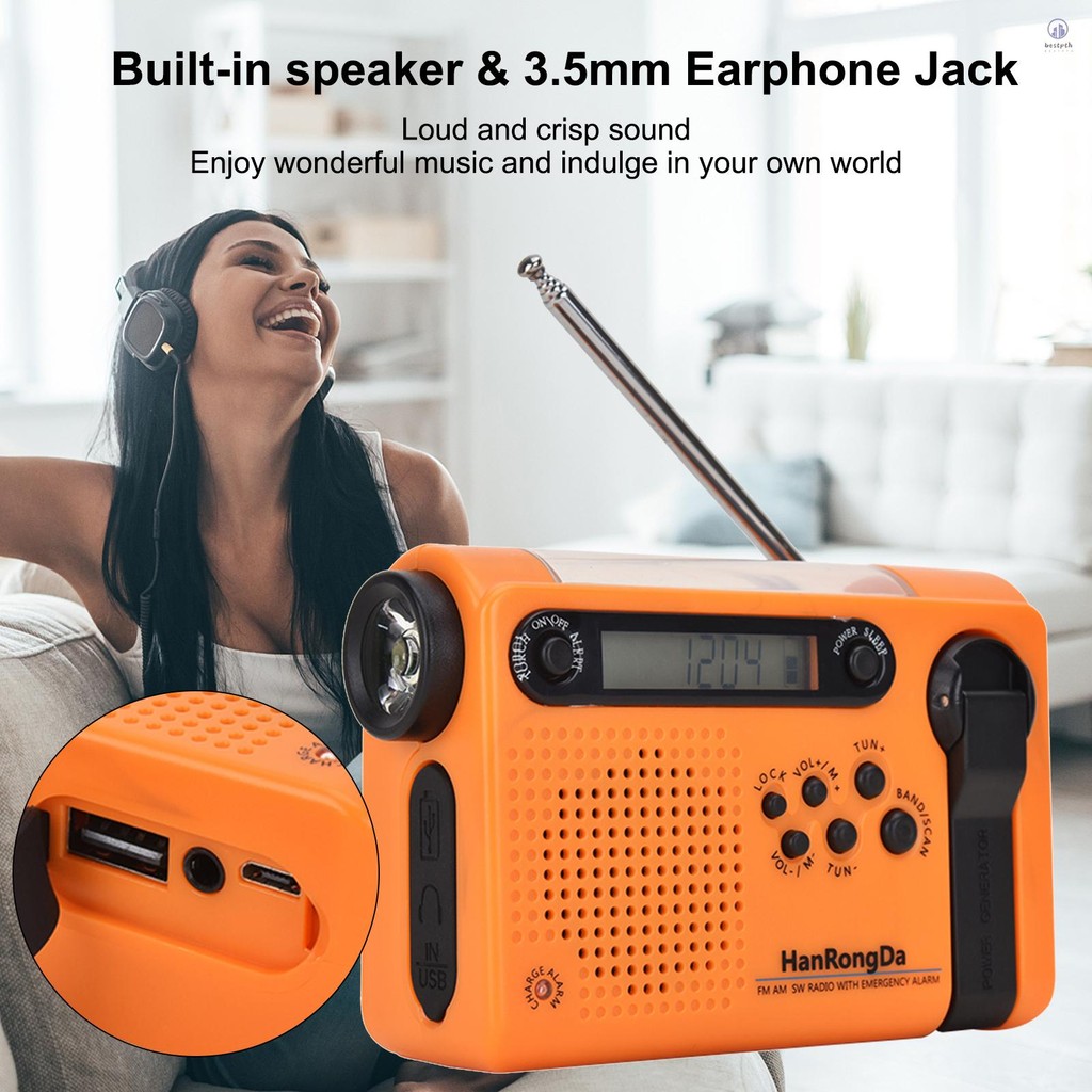 Hanrongda วิทยุฉุกเฉินกลางแจ้งแบบพกพา AM FM SW วิทยุพลังงานแสงอาทิตย์ Hand Crank พร้อมไฟฉาย LED 2000mAh แบตเตอรี่ SOS Alarm