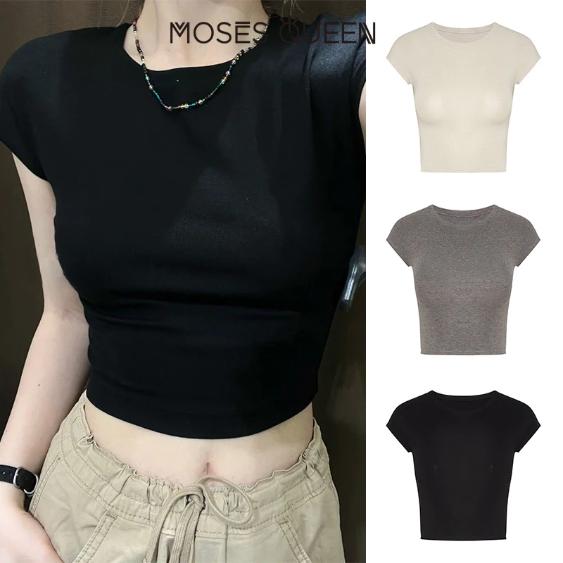 MOSESQUEEN แขนสั้นอเมริกันเปิดปุ่ม ฤดูร้อนใหม่ผู้หญิงบางและบางเสื้อยืดแขนสั้นครึ่งแขนด้านบน#62169