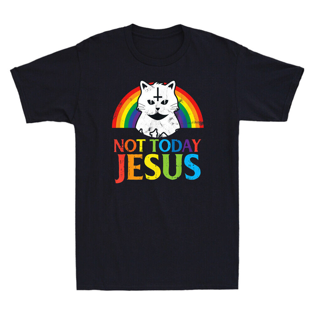 Not Today Jesus Satanic Cat Goth Concert Vintage เสื้อยืดผ้าฝ้ายผู้ชาย