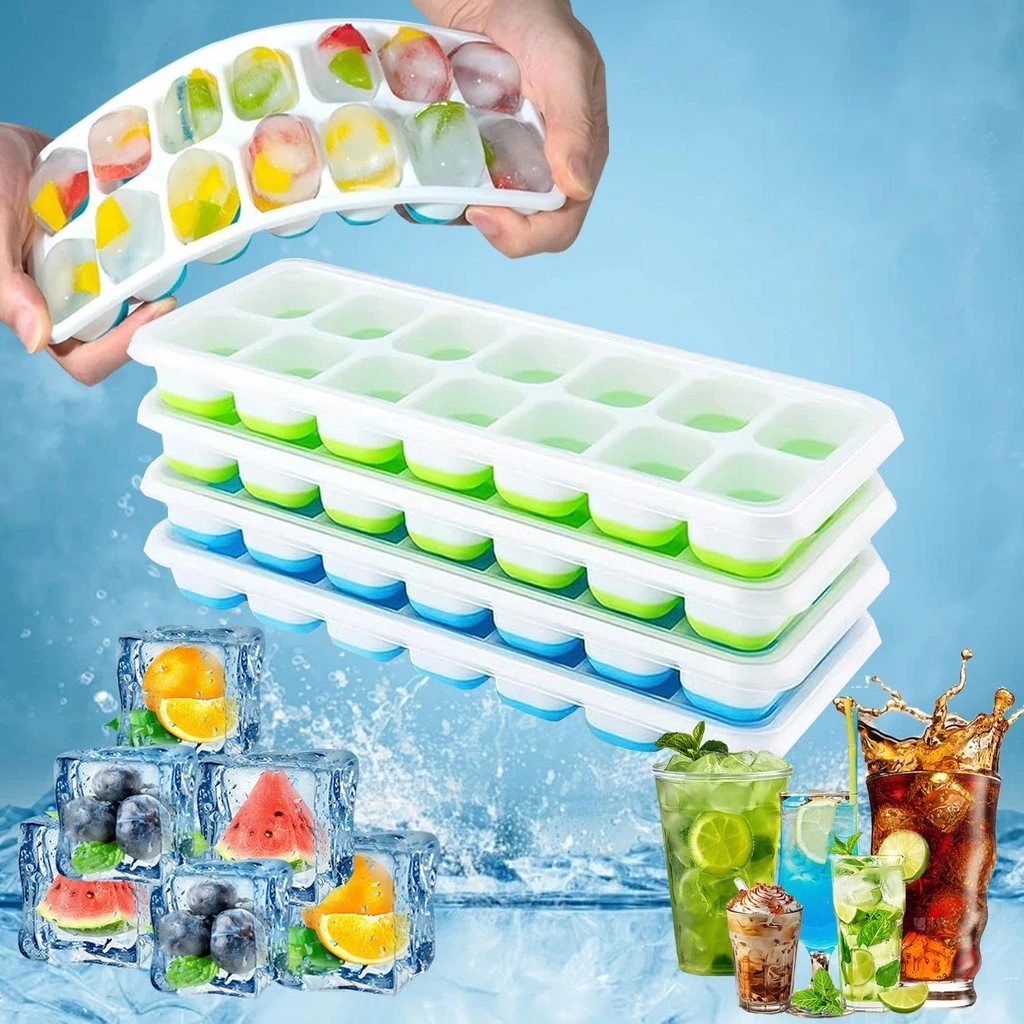 แม่พิมพ์ซิลิโคน บล๊อกน้ำแข็ง 14 ช่อง พิมพ์น้ำแข็ง บล็อกทำขนม วุ้น ฟุตตี้ Ice Maker Food Grade พร้อมฝาปิด