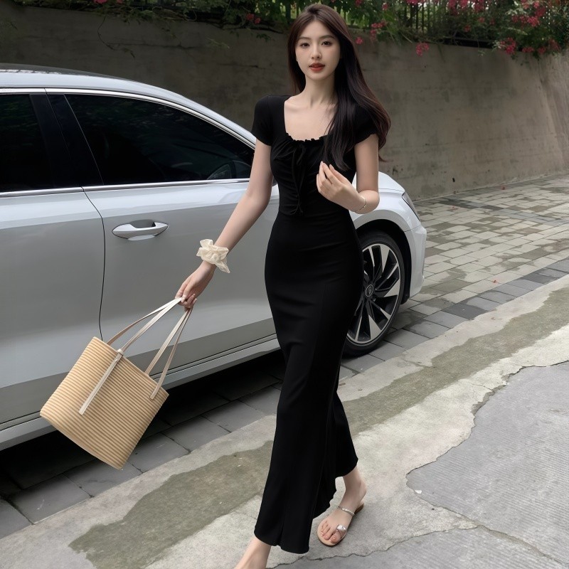 Kaekai พร้อมส่ง เดรสยาว คอยู แขนสั้น ดีไซน์สม็อคกลางอก เก๋ๆ ทรงสวยเข้ารูป ผ้าเรยอน ยืดๆ แบบทิ้งตัว ใส่สบายมาก - รูปที่ 2