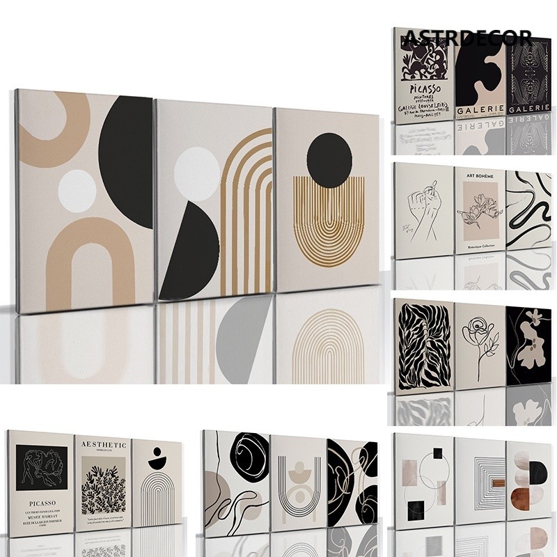 (พร้อมกรอบ) โปสเตอร์เรขาคณิต สไตล์นอร์ดิก 3 ชิ้น พร้อมกรอบ โบโฮ สีดํา และสีขาว สําหรับตกแต่งผนัง ห้องนั่งเล่น
