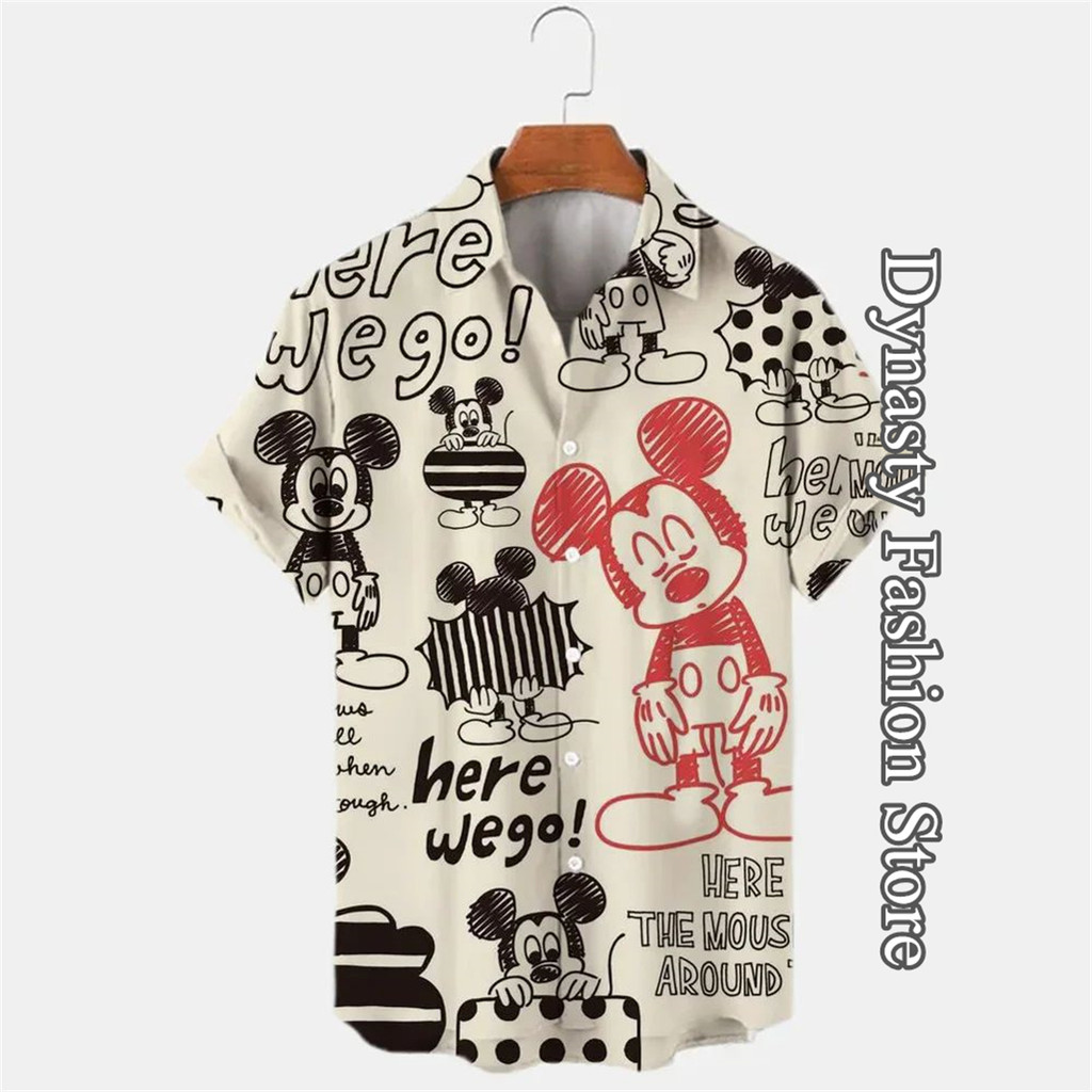 Disney Mickey Mouse เสื้อผู้ชายฮาวายวันหยุดแขนสั้น Button-Up Tops น่ารักการ์ตูนพิมพ์ชายหาดเสื้อผ้า Casual Streetwear