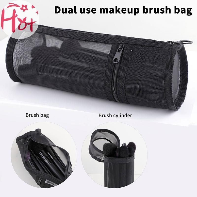 Ge Mesh Dual-use Makeup Brush Storage Bag Portable Brush Case Simple Large Capacity Brush Bucket Holder Travel Stand-up Pouch Square
