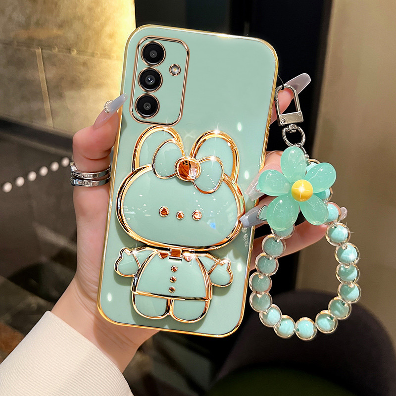 ปลอก Samsung A15 A16 A36 A55 A56 5G เคสโทรศัพท์ TPU 3D กระต่ายสเตอริโอขาตั้ง Ultra Thin Electroplated Soft Case Shock Protection Case พร้อมสร้อยข้อมือ
