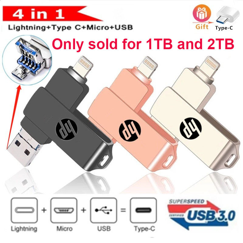 Hp 3.0 usb 2TB 1TB 3 in 1 otg แฟลชไดรฟ์โลหะกันน้ําความเร็วสูง U Disk pendrive สําหรับ iphone6/7/8/X/