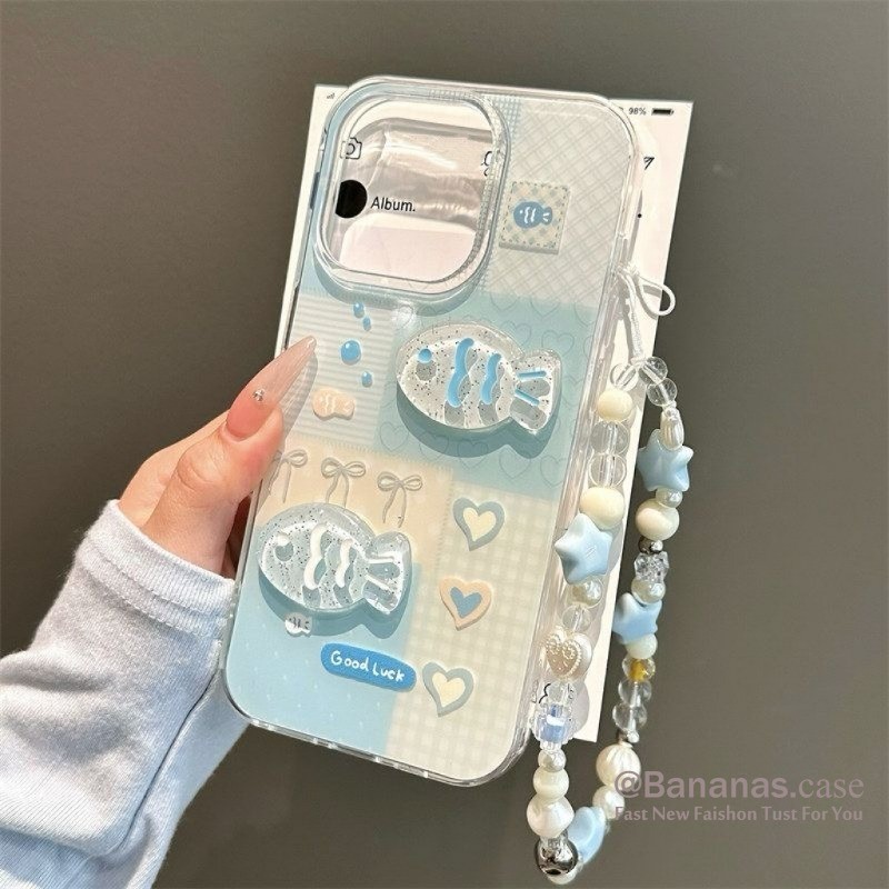 IPhone 17 16 15 14 13 12 11 Pro Max X Xr Xs Max 7 8 Plus SE2020 เคสโทรศัพท์ Ins 3D DIY น่ารักปลาสีฟ้า + Lanyard Clear Soft ฝาหลัง
