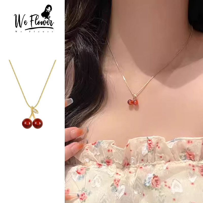 We Flower วินเทจ14พันทองสีแดงเชอร์รี่จี้สร้อยคอสําหรับผู้หญิงสาวหมั้นพรรคคอโซ่เครื่องประดับ