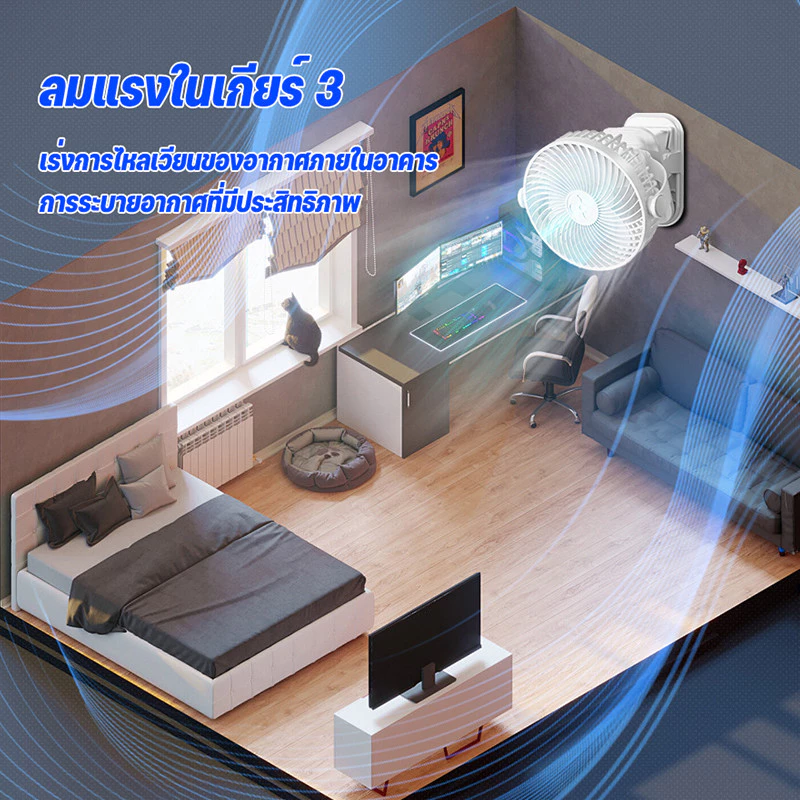 พัดลมไร้สาย 8 นิ้ว พัดลมพกพาแบบหนีบ ตั้งโต๊ะ ติดผนัง thumbnail 9