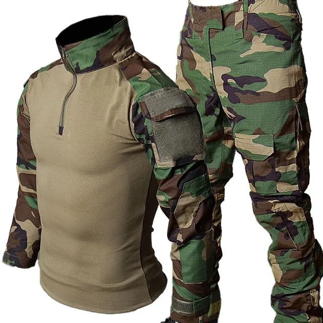 Camo ชุดฝึก ผู้ชาย ระบายอากาศ แขนยาว เสื้อยืด หลายกระเป๋า กางเกงคาร์โก้ ชุดเดินป่ากลางแจ้ง
