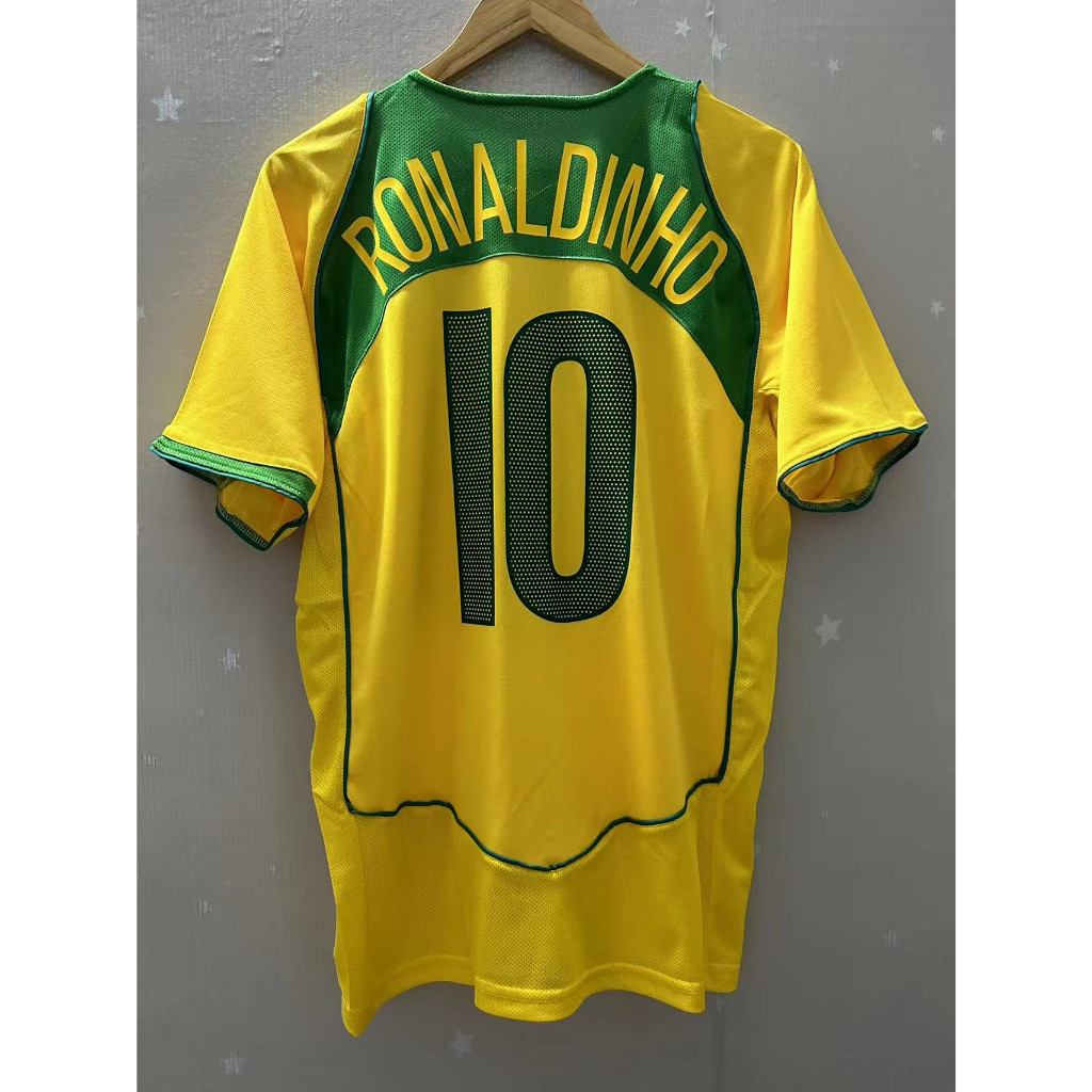 2004 บราซิลคุณภาพสูง Home Retro ฟุตบอล Jersey เสื้อยืดที่กําหนดเองเสื้อฟุตบอล RONALDINHO RONALDO