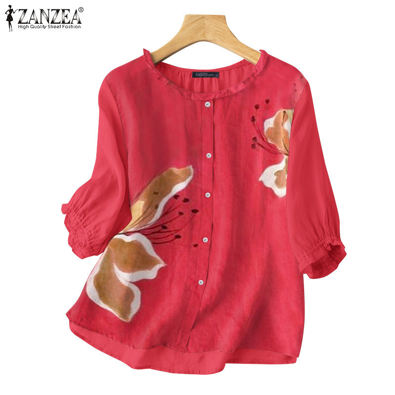 Zanzea เสื้อเบลาส์ลําลอง คอกลม แขนสามส่วน พิมพ์ลาย สไตล์เกาหลี สําหรับผู้หญิง