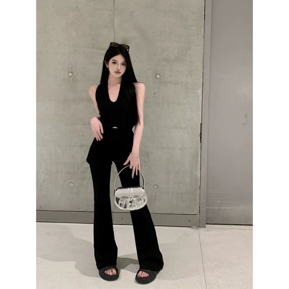 N-Yoda เสื้อกั๊กแขนกุดเชือกแขวนคอสีดําด้านบนเอวสูงสบายๆกางเกงไมโครบานชุดสองชิ้น