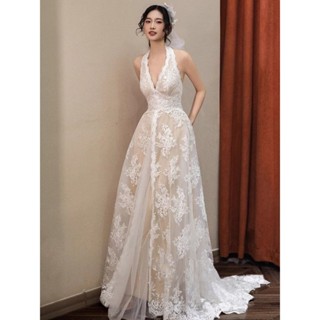 ชุดแต่งงานลูกไม้สไตล์เรโทรสไตล์ฝรั่งเศส เดรสคอวีคล้องคอ