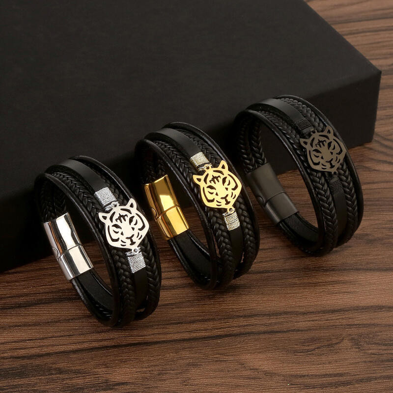 เครื่องประดับ สร้อยข้อมือ สแตนเลส สายหนัง ลายตราสัญลักษณ์หัวเสือ สไตล์เรโทร แฟชั่นสําหรับผู้ชาย