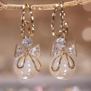 พร้อมส่ง ในไทย💥 ต่างหู จี้ไข่มุก มีโบว์ ฝังเพชร ต่างหูหรู ดูแพง เครื่องประดับ สไตล์เกาหลี ต่างหูแฟชั่น AE66