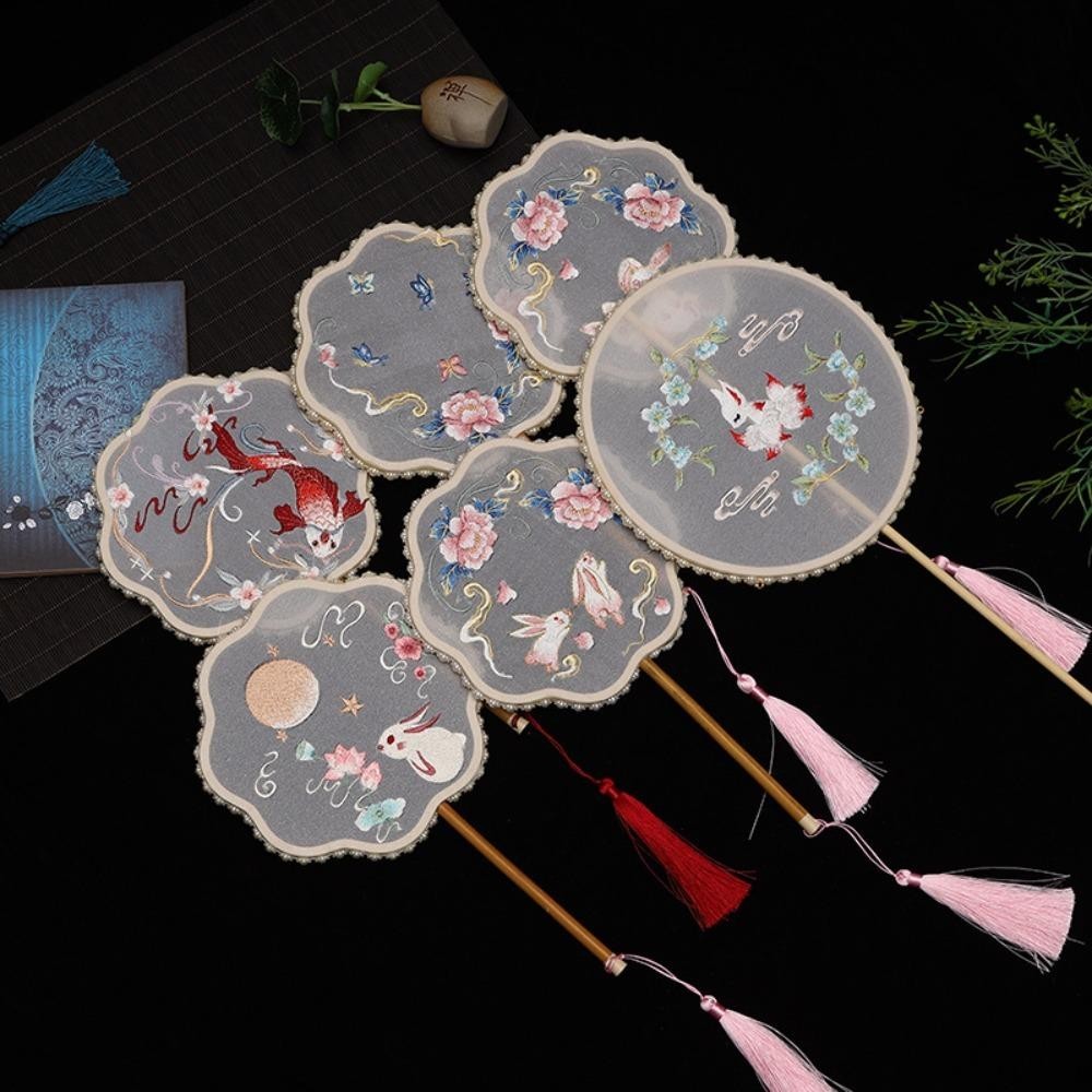 แฟชั่นเดน พัดลมทรงกลม,พัดลมผ้าไหมกึ่งโปร่งใสปัก,ตกแต่งบ้านสองด้านวินเทจกับพู่พัดลมมือผู้หญิง - รูปที่ 6