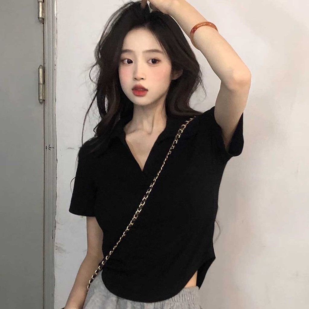 เสื้อยืดสไตล์ฝรั่งเศสสำหรับผู้หญิงที่มีสไตล์แบบเกาหลีในฤดูร้อน