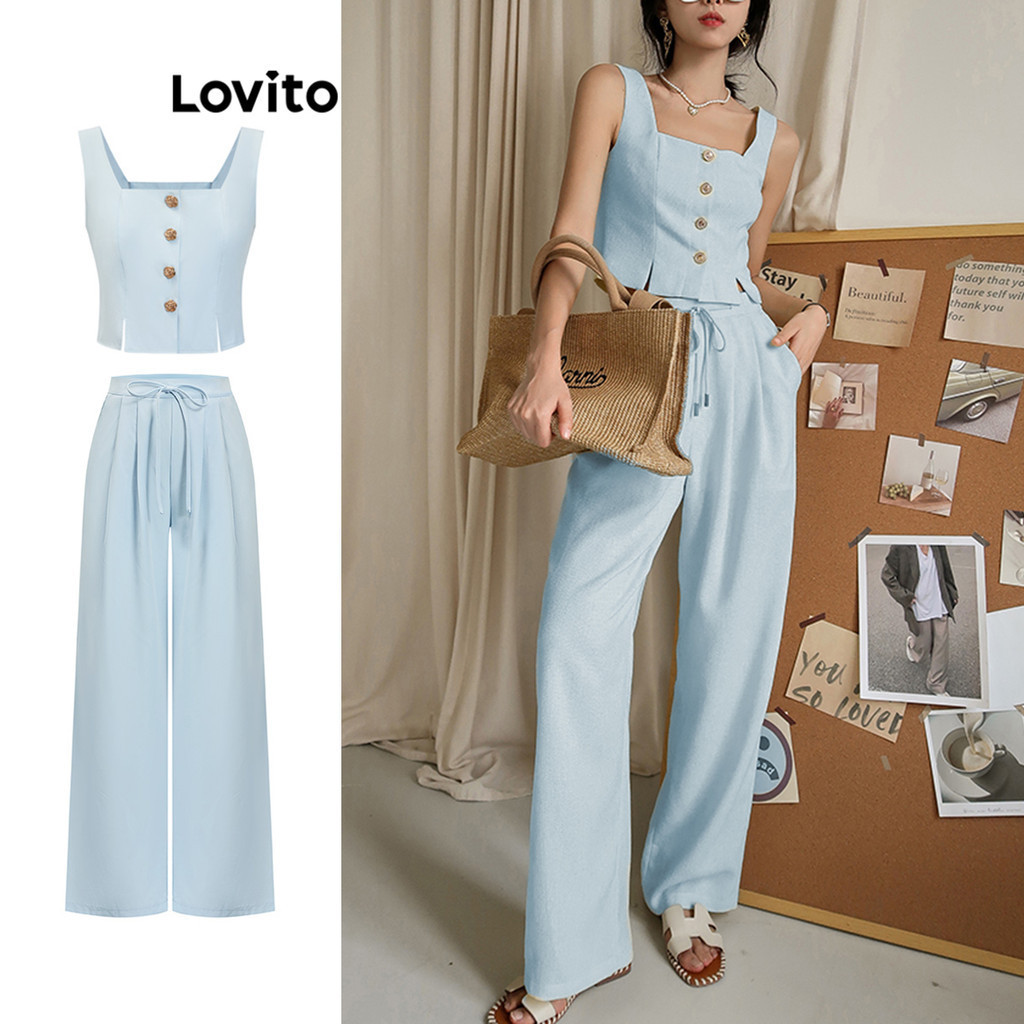 Lovito ชุดเซ็ทกางเกง พร้อมเสื้อ ผ่าชาย มีกระดุม สีพื้น สไตล์ลำลอง L85AD227