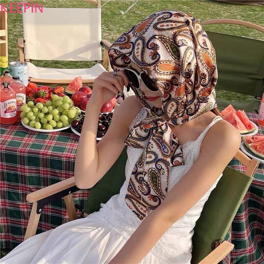 Keepin ฤดูร ้ อนผ ้ าพันคอหมวกถ ่ ายภาพกลางแจ ้ งอุปกรณ ์ เสริม Simple Turban หัวผ ้ าพันคอหมวกป ้ องกันแสงแดดผ ้ าคลุมไหล ่ ชายหาดผ ้ าพันคอบางดอกไม ้ ครีมกันแดดผ ้ าพันคอ